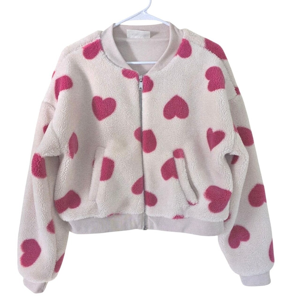 No Boundaries White Pink Heart Fleece Bomber Jacket L 12 14 Valentine's Day
